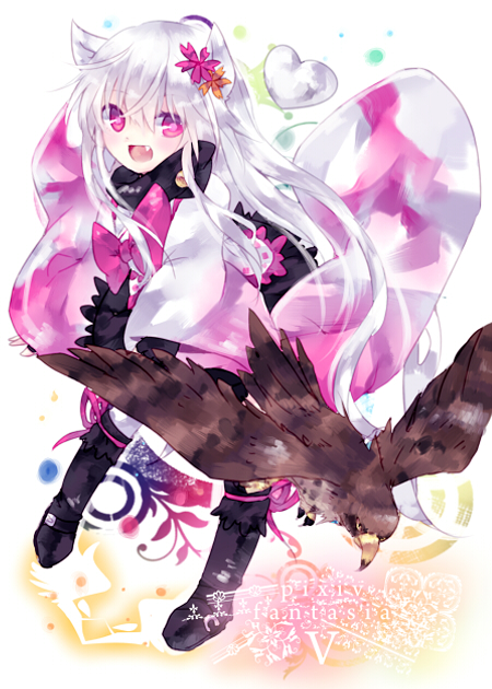 animal_ears bad_id bad_pixiv_id bird dog_ears dress eagle fang flower hair_flower hair_ornament nonaka open_mouth pink_dress pink_eyes pixiv_fantasia pixiv_fantasia_5 silver_hair solo