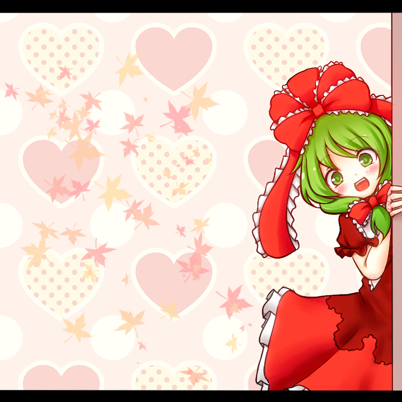 bita blush bow dress front_ponytail green_eyes green_hair hair_bow heart kagiyama_hina leaf letterboxed maple_leaf peeking_out solo touhou