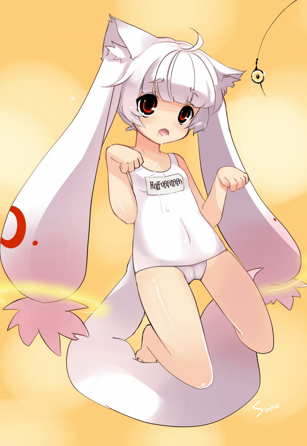 ahoge animal_ears bad_id bad_pixiv_id bait barefoot drooling gem grief_seed highres kyubey mahou_shoujo_madoka_magica one-piece_swimsuit paw_pose personification red_eyes saliva school_swimsuit short_hair solo swimsuit tail white_hair white_school_swimsuit white_swimsuit yadamon_(neverland)