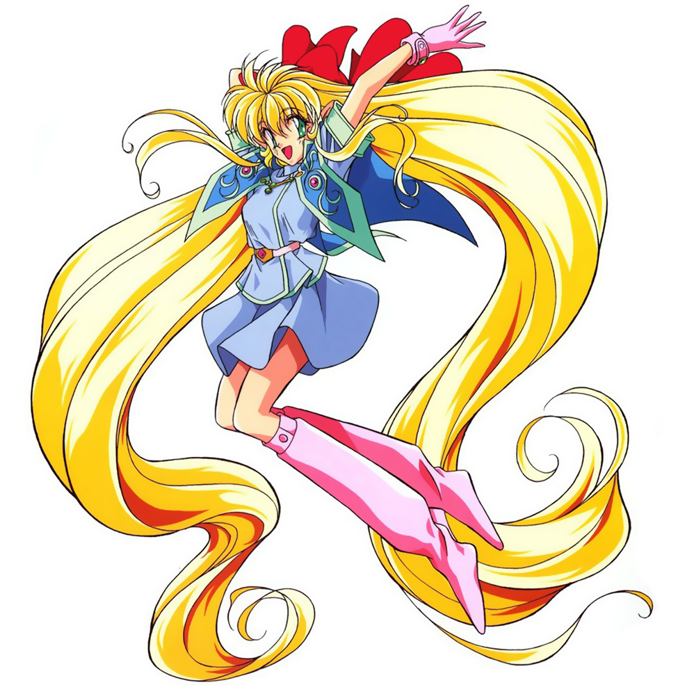 90s arms_up artist_request blonde_hair boots bow gloves green_eyes hair_ribbon long_hair official_art open_mouth ren_(yousei_hime_ren) ribbon sidelocks skirt solo twintails very_long_hair yousei_hime_ren