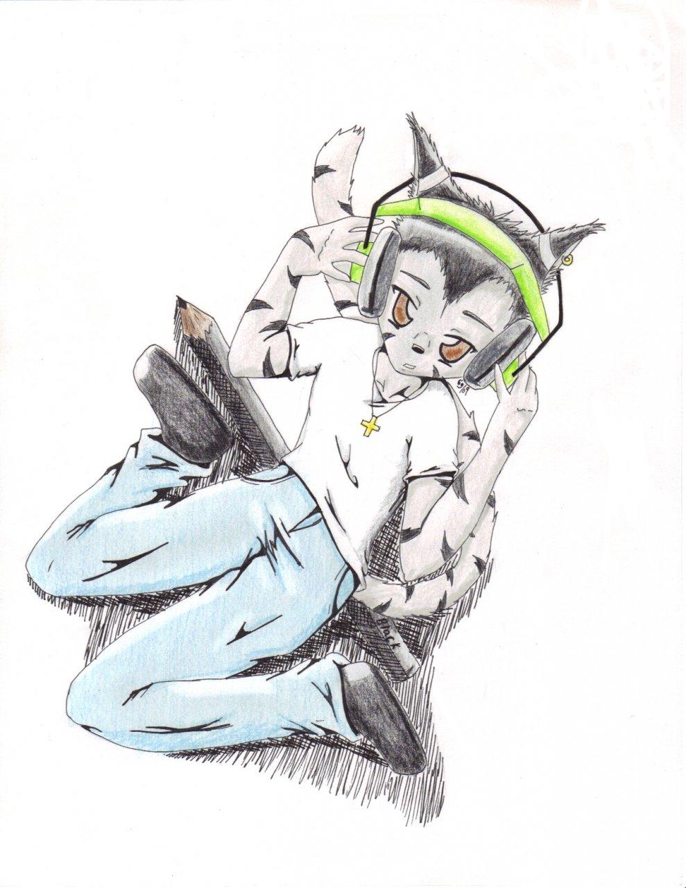 &dagger; chibi_tiger feline headphones human josh looking_at_viewer male sketch solo sylo sylo- tiger white_background