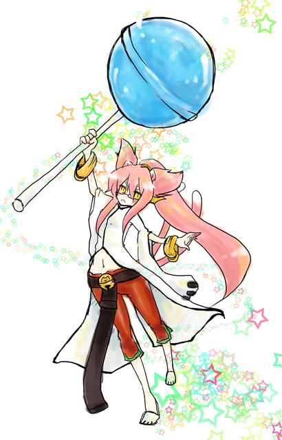 animal_ears arc_system_works bell belt blazblue blazblue:_continuum_shift boh_(pixiv422546) bracelet candy cat_ears cat_tail female full_body jewelry kokonoe labcoat lollipop long_hair multiple_tails pants parody pink_hair platinum_the_trinity ponytail sandals solo tail white_background yellow_eyes