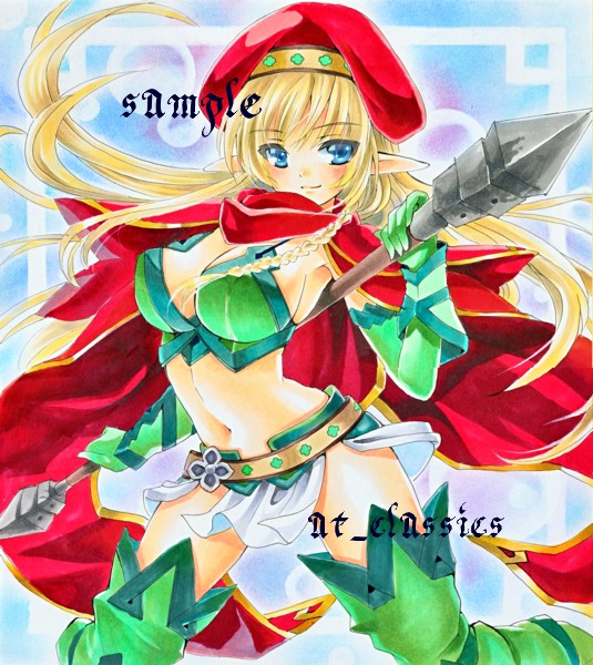 alleyne_(queen's_blade) at_classics beret blonde_hair blue_eyes blush boots braid breasts cape cleavage elbow_gloves elf gloves hat large_breasts long_hair marker_(medium) midriff miniskirt pointy_ears polearm queen's_blade sample side_braid skirt solo spear thigh_boots thighhighs traditional_media weapon