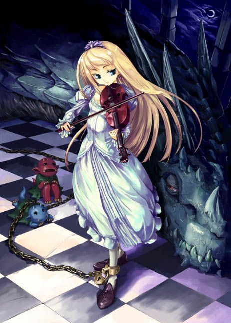 artist_request blonde_hair blue_eyes chain checkered checkered_floor copyright_request creature crescent_moon cuffs dragon dress eye_contact fantasy instrument light_smile long_hair long_sleeves looking_at_another lying moon night on_stomach shoes sitting sky solo source_request tiara violin