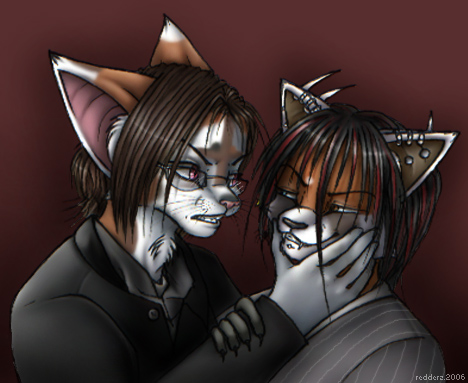 couple feline glasses holding_head male piercing redderz snarl