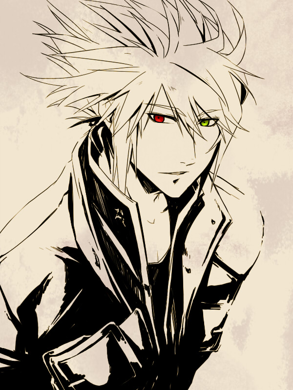 blazblue closed_mouth coat collar collarbone expressionless heterochromia male_focus monochrome noco ragna_the_bloodedge red_eyes solo spiked_hair spot_color upper_body yellow_eyes