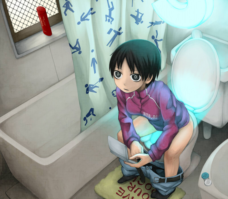 annotated bathroom bathtub black_panties clothes_writing commentary_request contact_lens glowing handheld_game_console mat nintendo_ds no_more_heroes original panties pants_down panty_pull playing_games save_point shampoo single_letter sink solo toilet toilet_use underwear yajirushi_(chanoma)