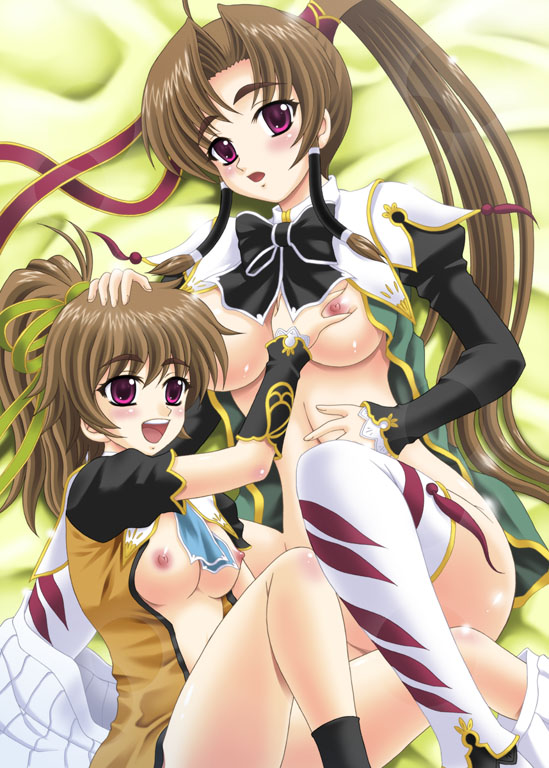 2girls big_breasts blush breasts koihime_musou large_breasts multiple_girls nipple nipples open_clothes open_shirt ponytail shirt