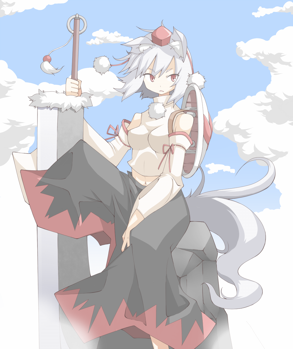 animal_ears cloud day detached_sleeves hat huge_weapon inubashiri_momiji navel piza_poteto red_eyes shield short_hair sky solo sword tail tokin_hat touhou weapon white_hair wolf_ears wolf_tail