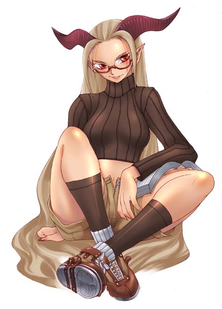 demon female glasses horns midriff pavypavy pointy_ears solo