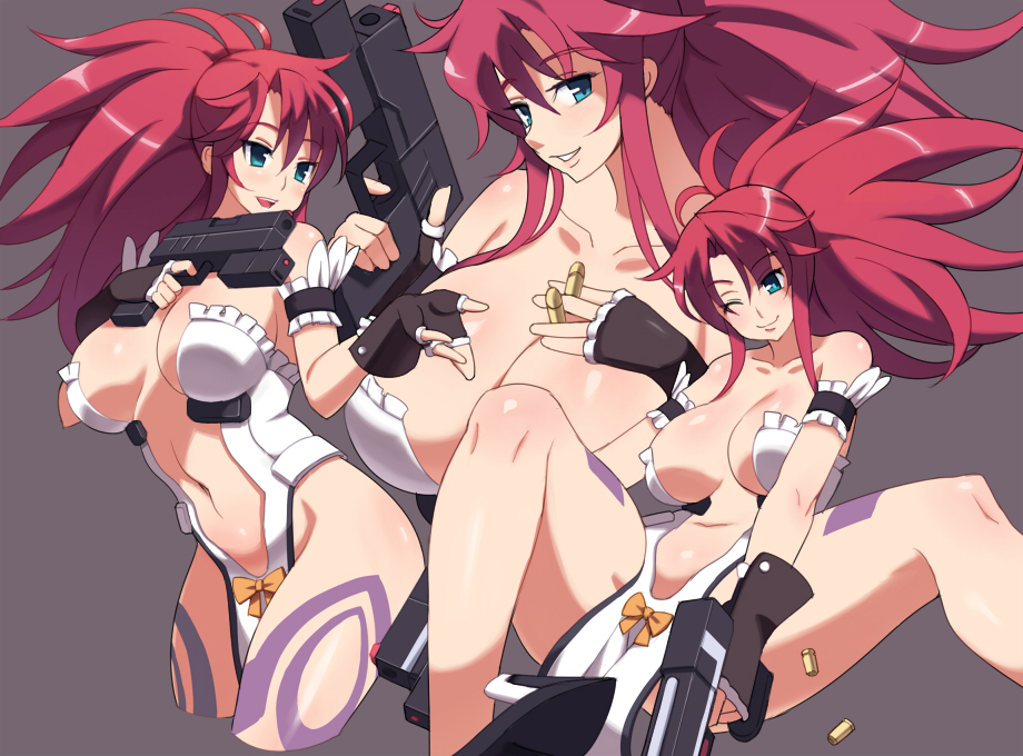 bad_id bad_pixiv_id bare_shoulders blue_eyes breasts bullet cleavage domu fingerless_gloves gloves gun himeki_luna large_breasts legs long_hair long_legs multiple_persona navel pelvic_curtain pink_hair ponytail shoes side_slit simple_background spread_legs tattoo thick_thighs thighs vanguard_princess very_long_hair weapon