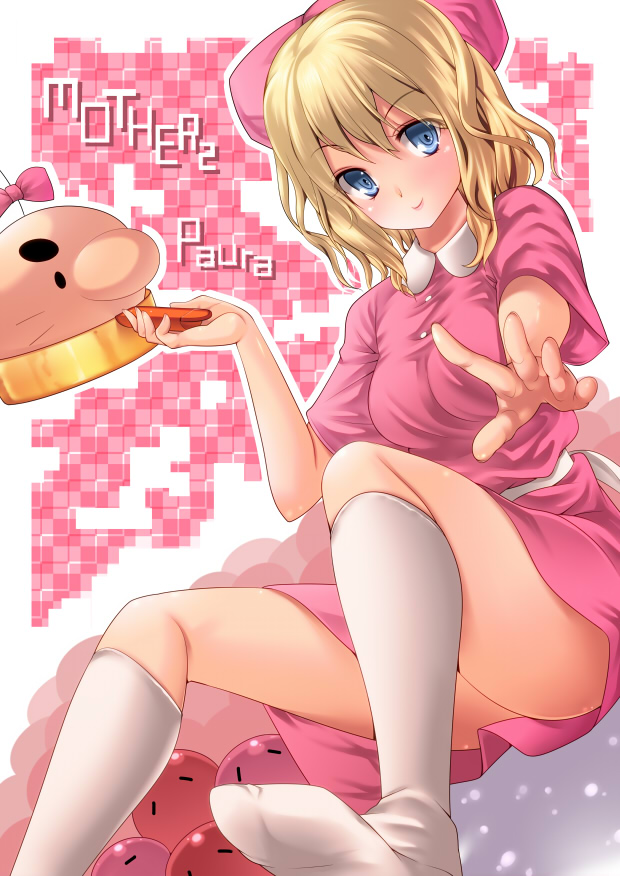 amasora_taichi bangs blonde_hair blue_eyes bow breasts character_name copyright_name doseisan dress engrish eyebrows_visible_through_hair frying_pan hair_bow holding kneehighs looking_at_viewer medium_breasts mother_(game) mother_2 paula_(mother_2) pink_bow pink_dress ranguage short_hair short_sleeves smile solo white_legwear