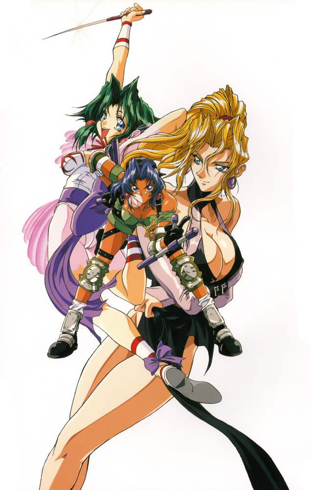 90s blonde_hair blue_eyes blue_hair breasts cleavage crossed_arms dagger dark_skin earrings elbow_pads ellis_(toushinden) green_hair holding holding_dagger holding_weapon jewelry knee_pads knife large_breasts legs leotard long_legs multiple_girls official_art open_mouth pelvic_curtain simple_background sofia_(toushinden) thigh_strap thighs tonfa toushinden tracy_(toushinden) weapon white_background white_leotard yokota_mamoru