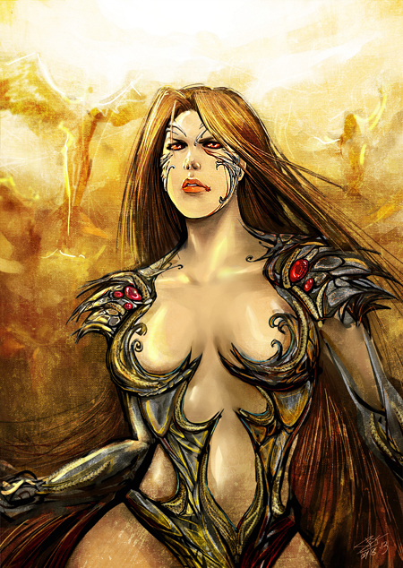 armor breasts brown_hair female gradient gradient_background long_hair pydiyudie red_eyes sara_pezzini solo witchblade