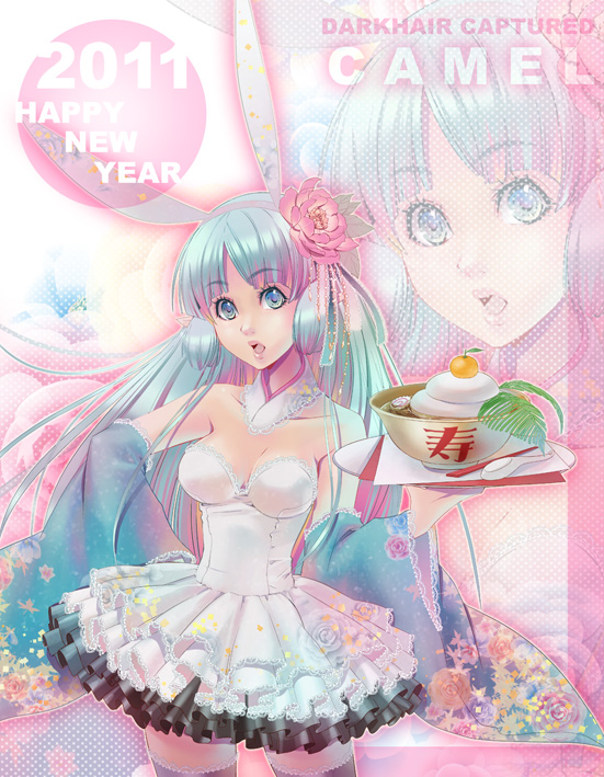 2011 animal_ears bad_id bad_pixiv_id bare_shoulders blue_eyes blue_hair bunny_ears choumoku_(toriko_b_c) copyright_request detached_sleeves dress eyelashes flower food frilled_dress frills hair_flower hair_ornament hand_on_hip hime_cut lips long_hair new_year open_mouth short_dress solo thighhighs wide_sleeves zettai_ryouiki zoom_layer