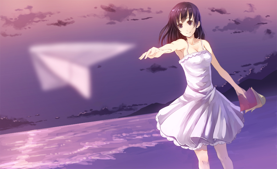 bad_id bad_pixiv_id banned_artist bare_shoulders beach black_eyes black_hair blurry book breasts cleavage depth_of_field dress medium_breasts ocean original outstretched_hand paper paper_airplane paseri purple sky smile solo sundress throwing white_dress