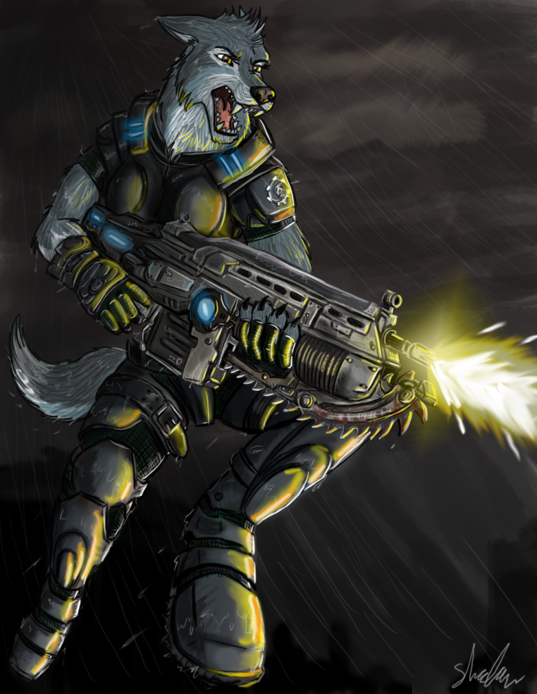 armor automatic_weapon canine cry_some_more female firing gears_of_war gun raining shadster snarl soldier solo storm tough weapon wolf