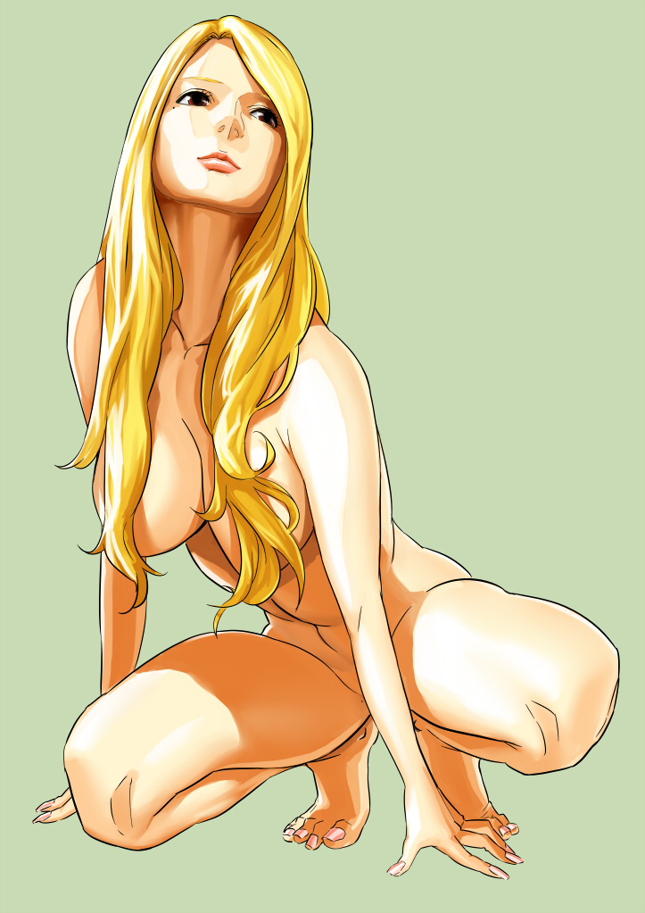 bad_id bad_pixiv_id barefoot blonde_hair breasts delta_zone face hands large_breasts long_hair nude original solo squatting very_long_hair