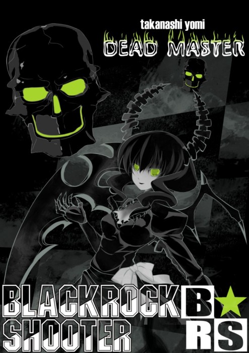 black_rock_shooter character_name checkered checkered_background dead_master green_eyes horns looking_at_viewer millelunar skull solo star