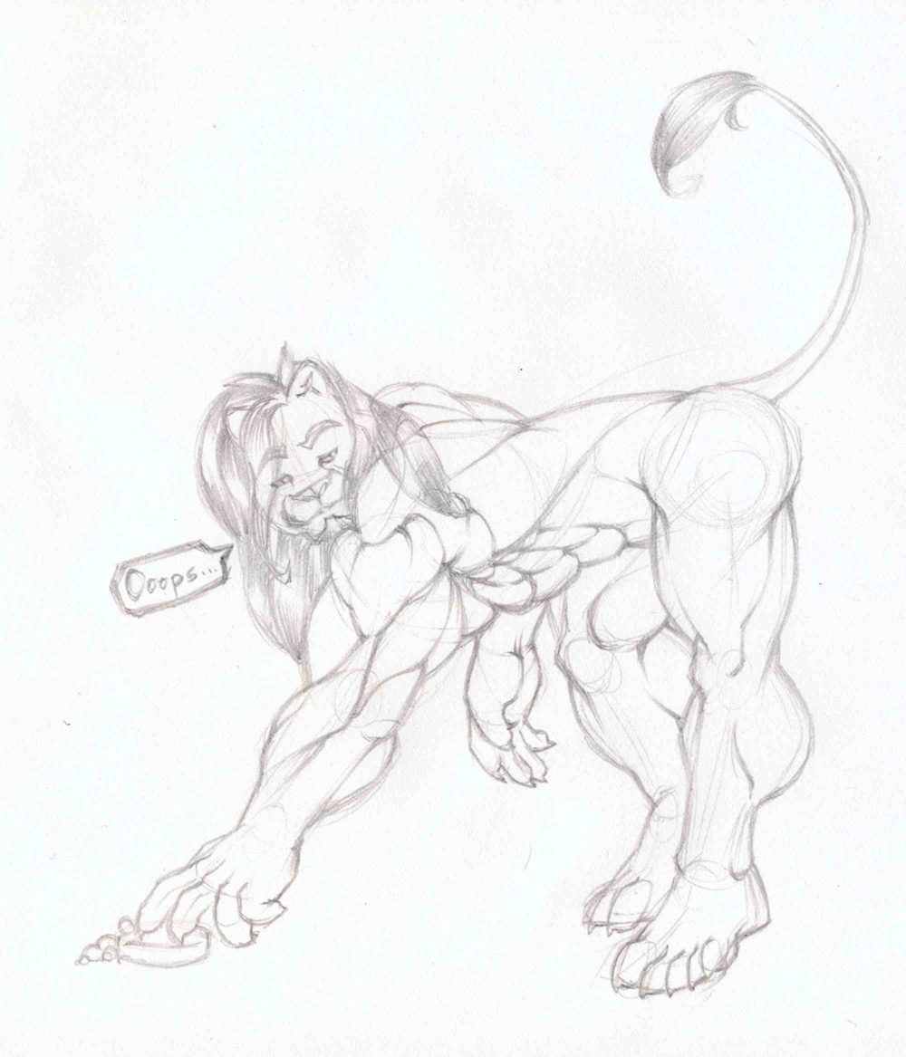 bent_over feline grin lion male muscles nude presenting raised_tail sketch solo tail tkc2021