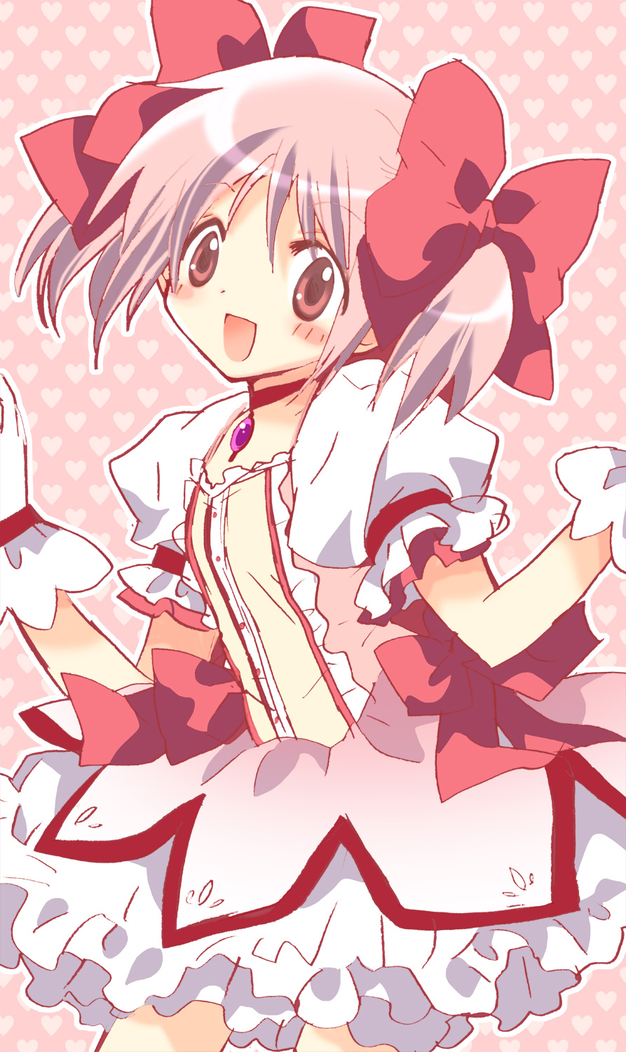 :d bad_id bad_pixiv_id bubble_skirt choker gloves hair_ribbon heart highres kaname_madoka koge_donbo magical_girl mahou_shoujo_madoka_magica open_mouth pink_eyes pink_hair puffy_sleeves red_choker ribbon short_hair short_twintails skirt smile solo twintails white_gloves