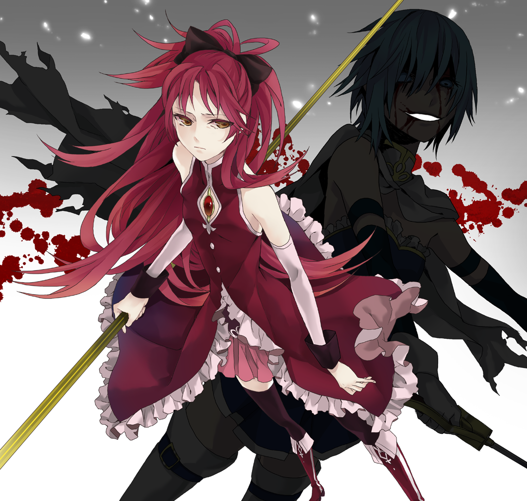 bad_id bad_pixiv_id bare_shoulders blood blue_eyes blue_hair boots cape evil_grin evil_smile grin knee_boots kyou_zip long_hair magical_girl mahou_shoujo_madoka_magica miki_sayaka multiple_girls polearm ponytail red_hair sakura_kyouko short_hair smile spoilers sword thighhighs torn_cape torn_clothes weapon