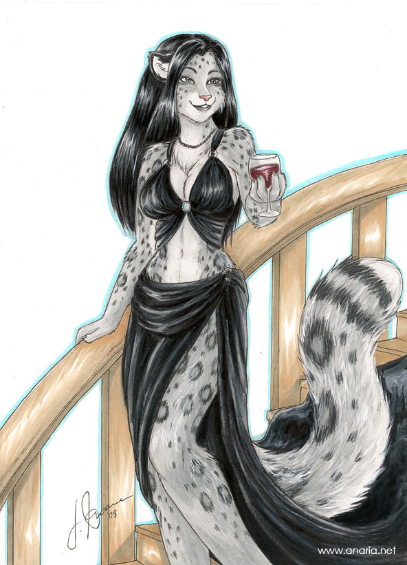 classy descending dress feline female glass jennifer_l_anderson snow_leopard solo stairs tara wine