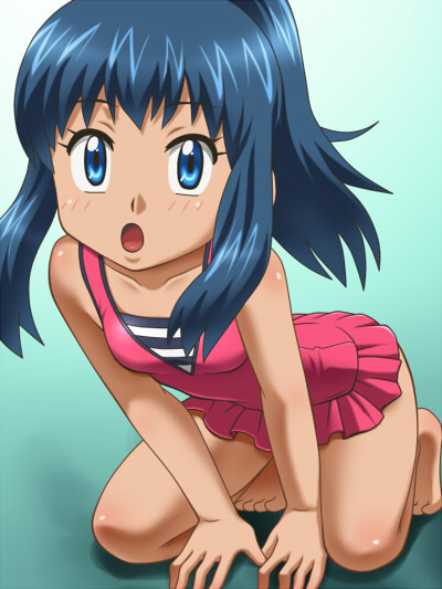 all_fours alternate_hairstyle awa blue_eyes blue_hair hikari_(pokemon) loli pokemon swimsuit