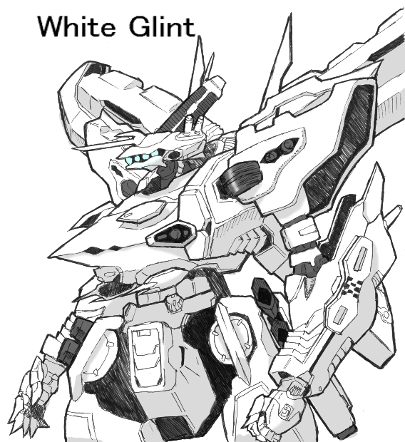 armored_core:_for_answer from_software mecha monochrome no_humans solo spot_color white_background white_glint