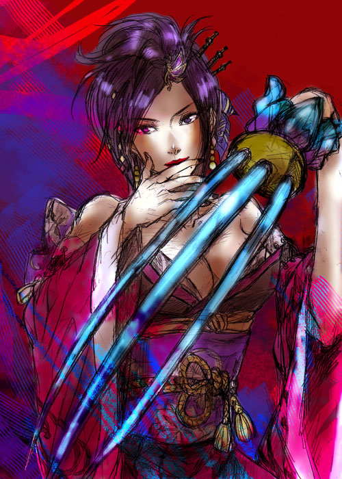 breasts claw claws cleavage female hair_ornament japanese_clothes kimono nouhime purple_eyes purple_hair sengoku_musou sengoku_musou_3 short_hair solo tiyausi
