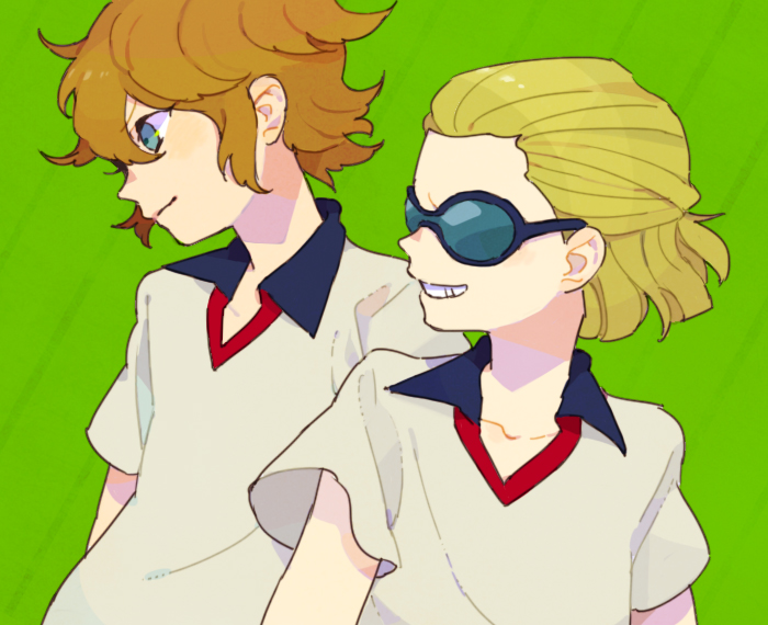 bad_id bad_pixiv_id blonde_hair blue_eyes brown_hair dylan_keith glasses grin inazuma_eleven inazuma_eleven_(series) male_focus mark_kruger momo_(simio) multiple_boys simple_background smile