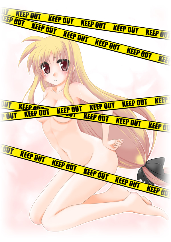 blonde_hair breasts caution_tape censored fate_testarossa frapowa keep_out kneeling long_hair low-tied_long_hair lyrical_nanoha mahou_shoujo_lyrical_nanoha mahou_shoujo_lyrical_nanoha_a's medium_breasts nude red_eyes tears very_long_hair
