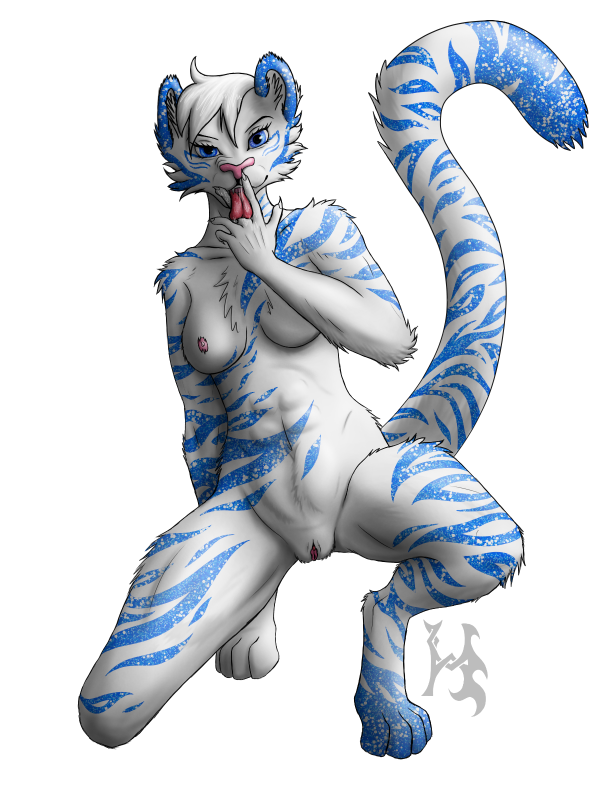 anthro areola azura_(character) blue_eyes breasts clitoris feline female fur hair hybrid-no.1 licking looking_at_viewer mammal nipples nude presenting presenting_pussy pussy saliva solo spread_legs spreading tiger tongue tongue_out white_fur white_hair