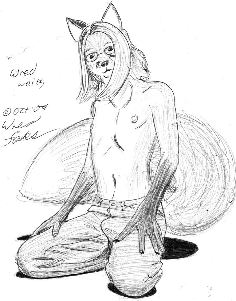 2009 canine fox glasses hair kneeling looking_at_viewer male pants sketch solo topless wred wred_character