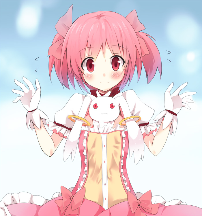 :3 arms_up blush flying_sweatdrops gloves kaname_madoka kyubey looking_at_viewer madara_hio magical_girl mahou_shoujo_madoka_magica pink_eyes pink_hair red_eyes short_hair smile surprised_arms twintails under_clothes upper_body white_gloves