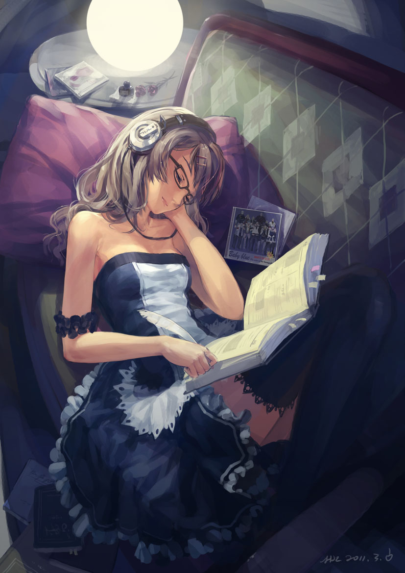 album_cover bare_shoulders black_legwear book breasts brown_hair closed_eyes couch cover dress flower glasses hair_ornament hairclip headphones hjl light_smile lying pixiv_fantasia pixiv_fantasia_5 purple_flower purple_rose quill rose sleeping small_breasts solo strapless strapless_dress thighhighs