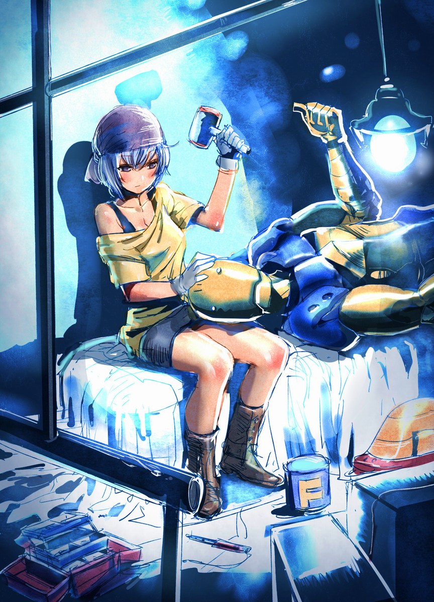 bandana blue_hair boots bow_(bhp) hammer highres miniskirt original robot sitting skirt solo