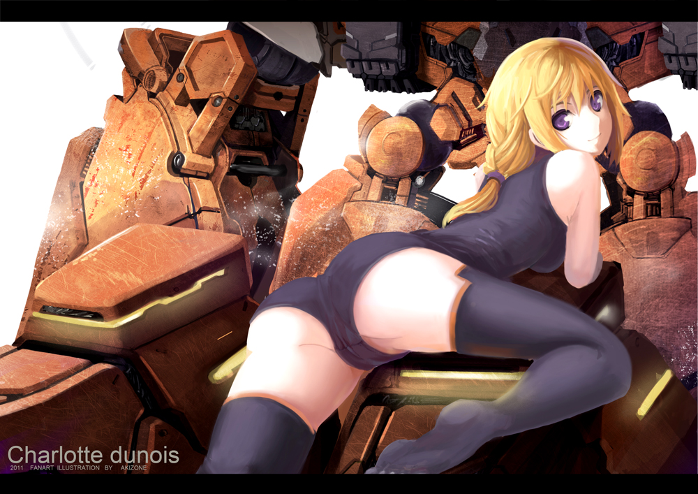 akizone artist_name ass bad_id bad_pixiv_id bangs bare_shoulders black_legwear blonde_hair braid breasts character_name charlotte_dunois dated from_side groin_tendon halterneck infinite_stratos leotard letterboxed long_hair looking_at_viewer looking_back lying mecha on_stomach pilot_suit purple_eyes rafale_revive_custom_ii scrunchie sidelocks simple_background single_braid small_breasts solo spread_legs thighhighs turtleneck white_background