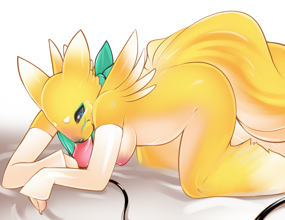 all_four all_fours areola bed black_sclera blue_eyes blush breasts canine chubby digimon dildo elbow_gloves female fox fur gloves hanging_breasts inverted_nipples looking_at_viewer mammal nipples nude overweight renamon scarf sex_toy solo tail tsampikos vibrator yellow yellow_fur