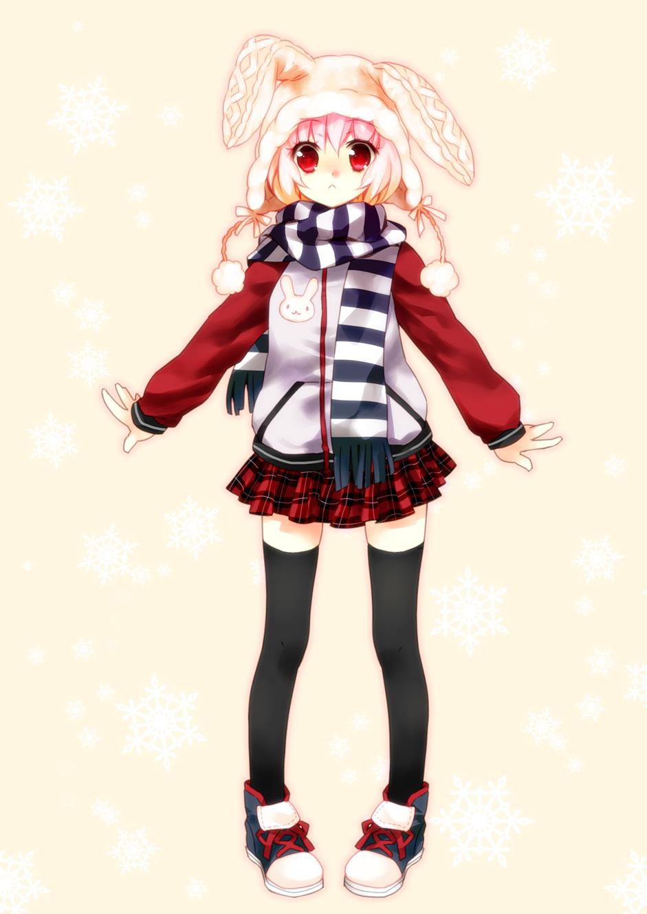 :&lt; animal_ears bad_id bad_pixiv_id beanie black_legwear bunny_ears ech gradient_hair hat highres multicolored_hair original outstretched_arms pigeon-toed plaid plaid_skirt red_eyes scarf short_hair simple_background skirt snowflakes solo spread_arms standing striped striped_scarf sweater thighhighs two-tone_hair zettai_ryouiki