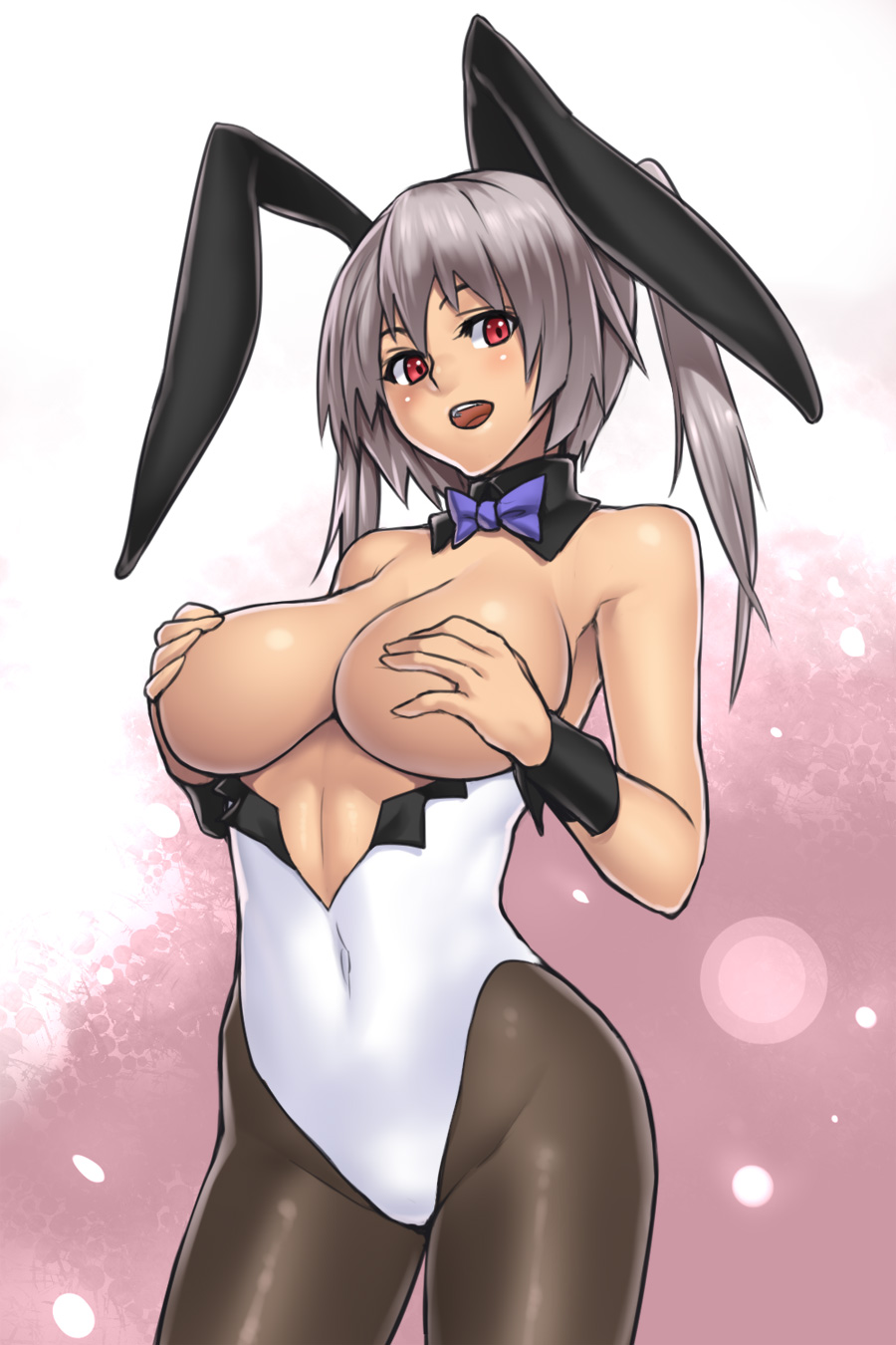 animal_ears breasts breasts_outside bunny_ears bunny_girl bunnysuit copyright_request covering covering_breasts grey_hair highres houtengeki large_breasts open_clothes pantyhose ponytail red_eyes solo
