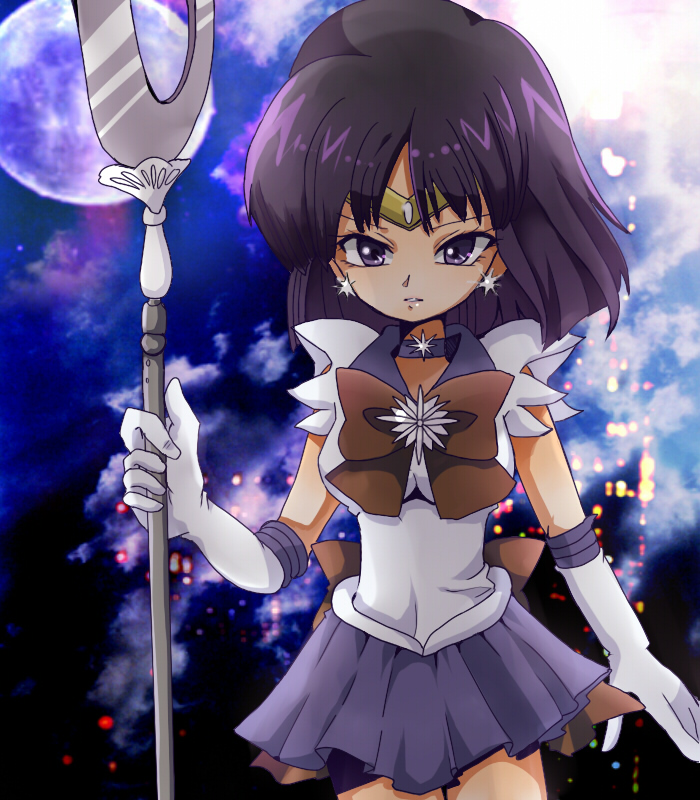back_bow bishoujo_senshi_sailor_moon black_hair bow breasts brooch brown_bow choker desshii_(oimo) earrings elbow_gloves frown gloves holding holding_spear holding_weapon jewelry magical_girl medium_breasts polearm purple_eyes purple_sailor_collar purple_skirt ribbon sailor_collar sailor_saturn sailor_senshi_uniform short_hair silence_glaive skirt solo spear star star_choker tiara tomoe_hotaru weapon white_gloves