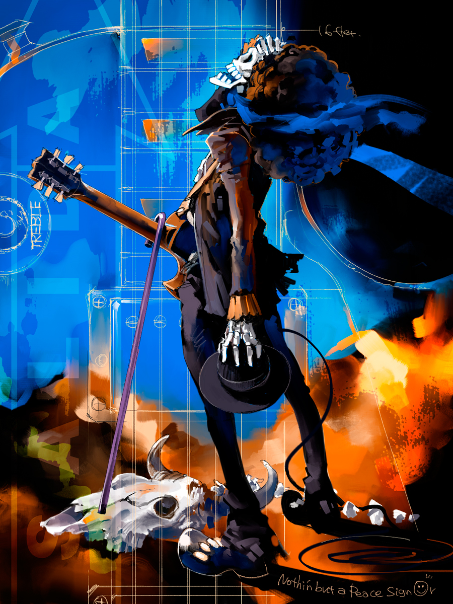 afro bad_id bad_pixiv_id brook cane electric_guitar english guitar hat highres instrument male_focus one_piece pomodorosa skeleton skull solo