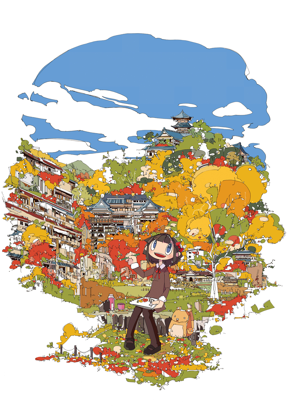 architecture blue_eyes building colorful east_asian_architecture highres kinuten landscape nature oekaki_musume original pagoda painting pixiv_festa scenery short_hair sitting solo
