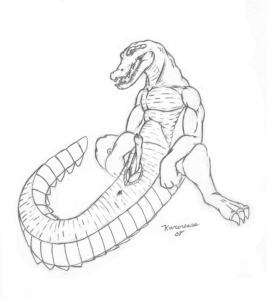 2008 alligator anus black_and_white claws karerease male monochrome penis plain_background presenting reptile scalie sketch solo white_background