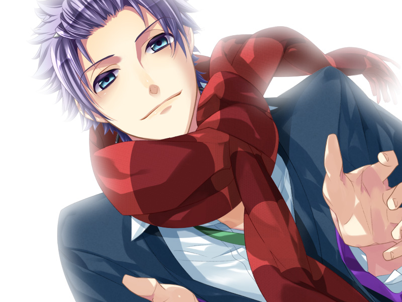 amaha_tsubasa artist_request game_cg long_hair long_sleeves male_focus purple_hair red_scarf scarf simple_background smile solo starry_sky_(game) upper_body very_long_hair white_background