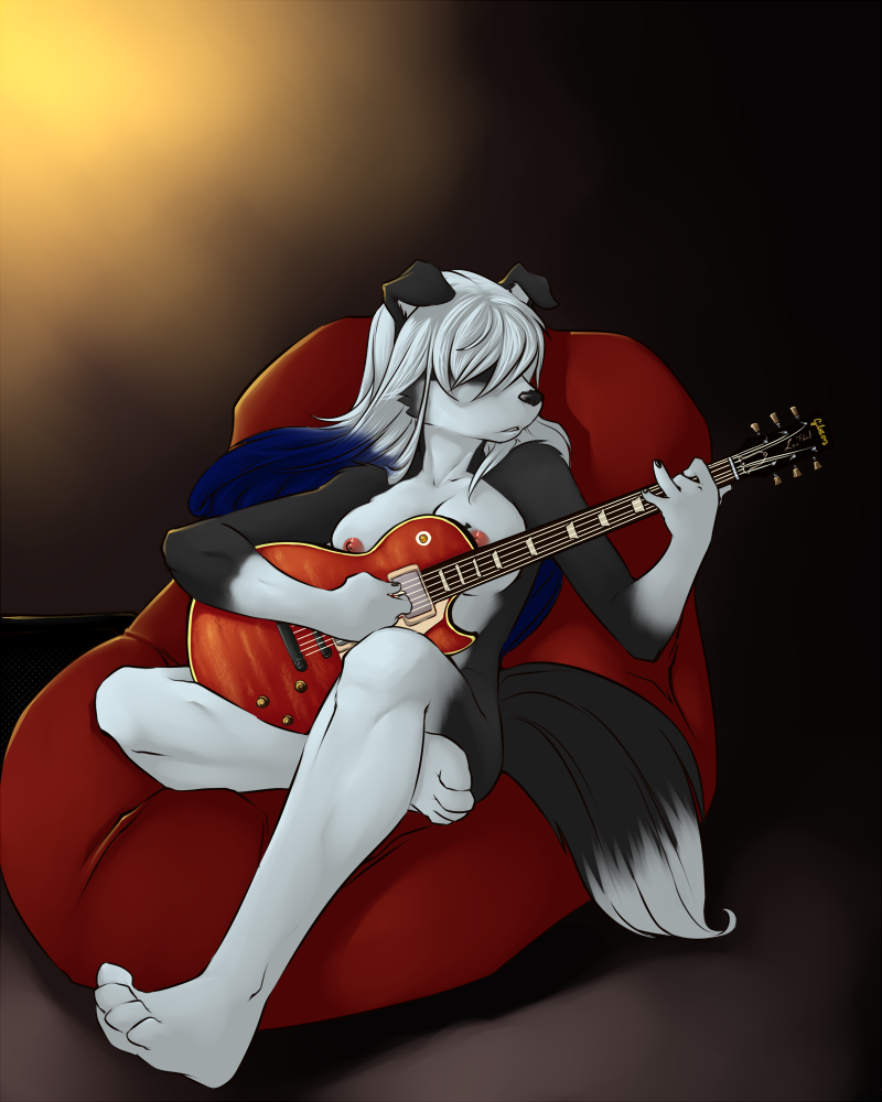 black_nails black_nose breasts canine cute darkduck64 different_color_hair dog electric_guitar faint female guitar janice music nipples nude playing_instrument sitting_in_cushion sofa solo