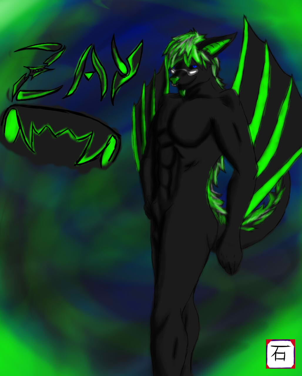 commission darkgray green green_theme ishigray male mammal nude solo wings zay