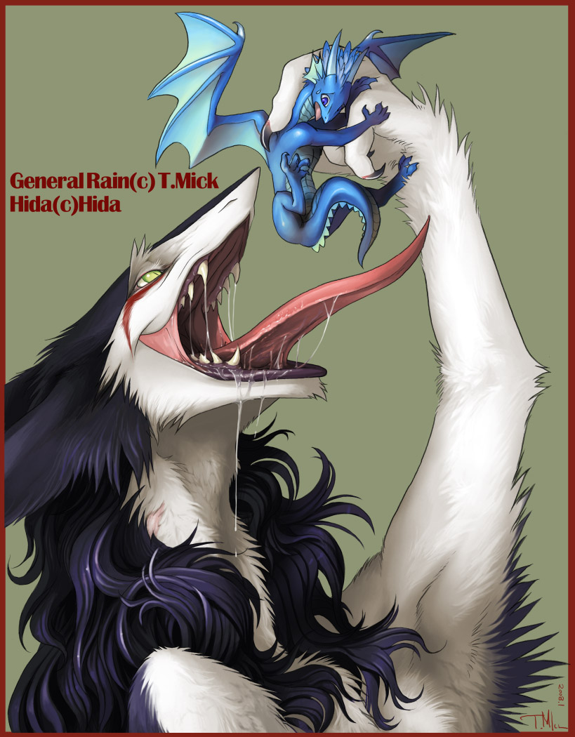 arms_up blue_eyes blue_skin claws couple dragon drool drooling fangs female feral fur furry gaping_maw green_eyes hida imminent_vore lips long_tongue male maw multicolored_hair open_mouth rain_silves saliva scalie scar sergal size_difference tail teeth tongue trancy_mick vore wings