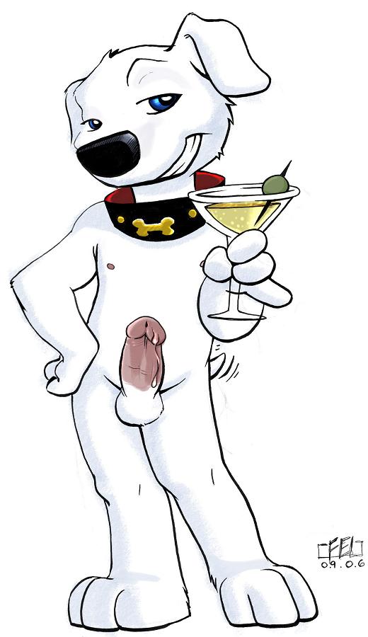 anime balls black_nose blue_eyes brian_griffin canine collar dog erection family_guy fel male martini nude olive penis precum solo standing tail tailwag teeth